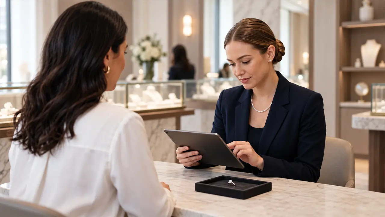 Jewelry store associate reviewing an order on a tablet with a customer at the counter.