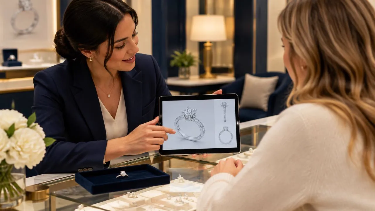 Jewelry sales associate showing a custom jewelry order on a tablet to a customer in a jewelry store