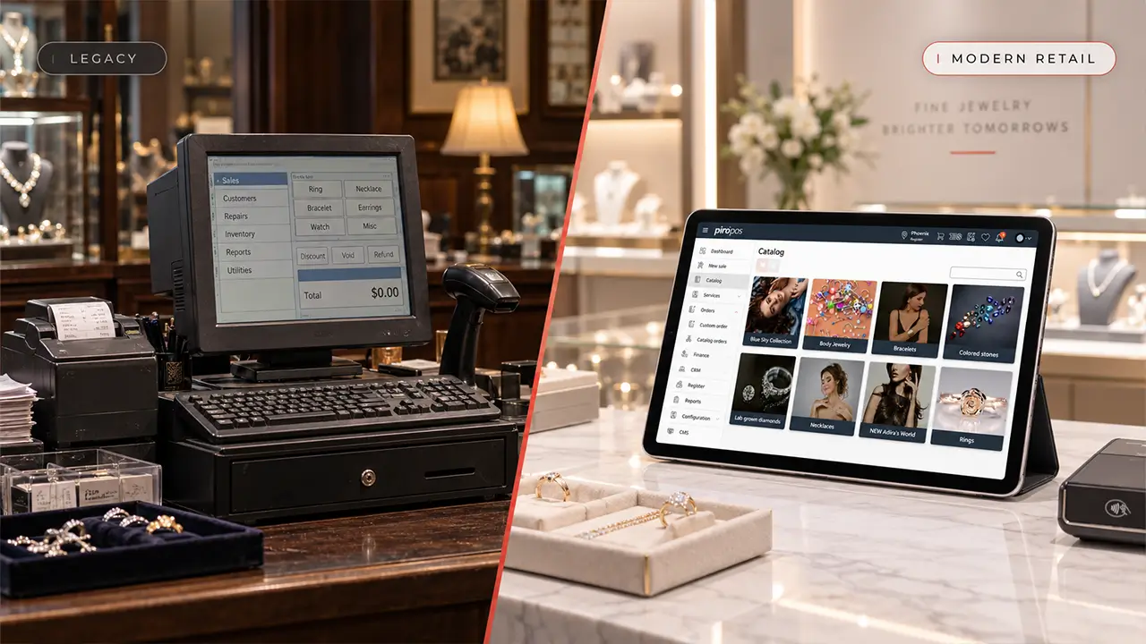 Modern jewelry POS system on tablet helping a jewelry store manage engagement rings, inventory, and customer sales