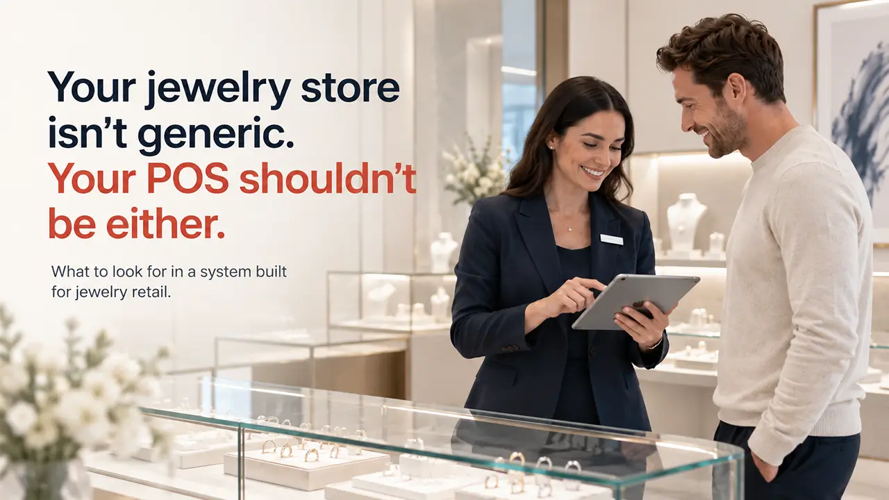 Modern jewelry store interior with customers and staff using a jewelry POS system to browse and manage fine jewelry sales.