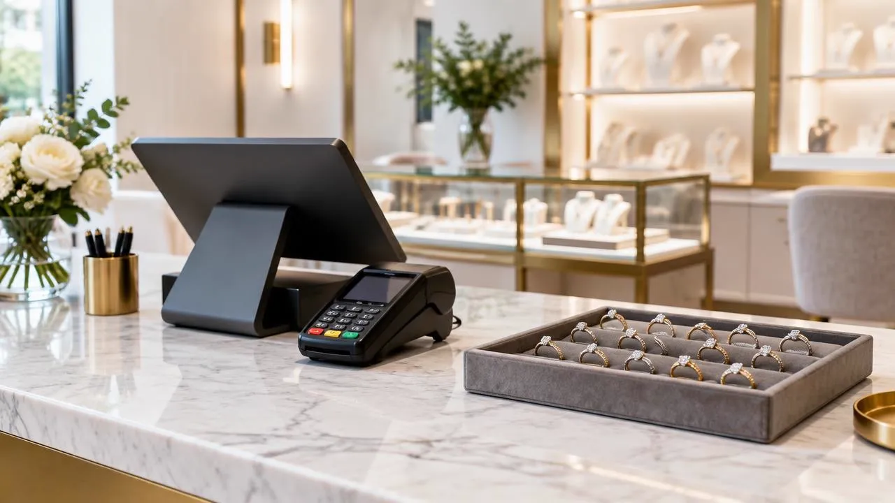 Jewelry store associate assisting a customer at the counter, representing jewelry point of sale software for retail sales and inventory management.
