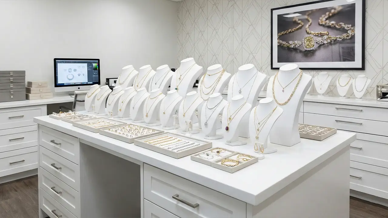 Digital jewelry inventory management displayed on a laptop with rings, diamonds, and analytics icons.