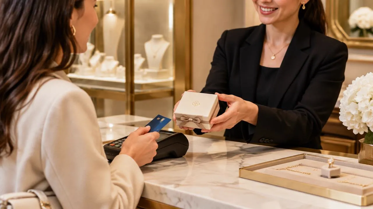 Jewelry store employee processing a customer payment with a POS terminal beside a diamond necklace display.