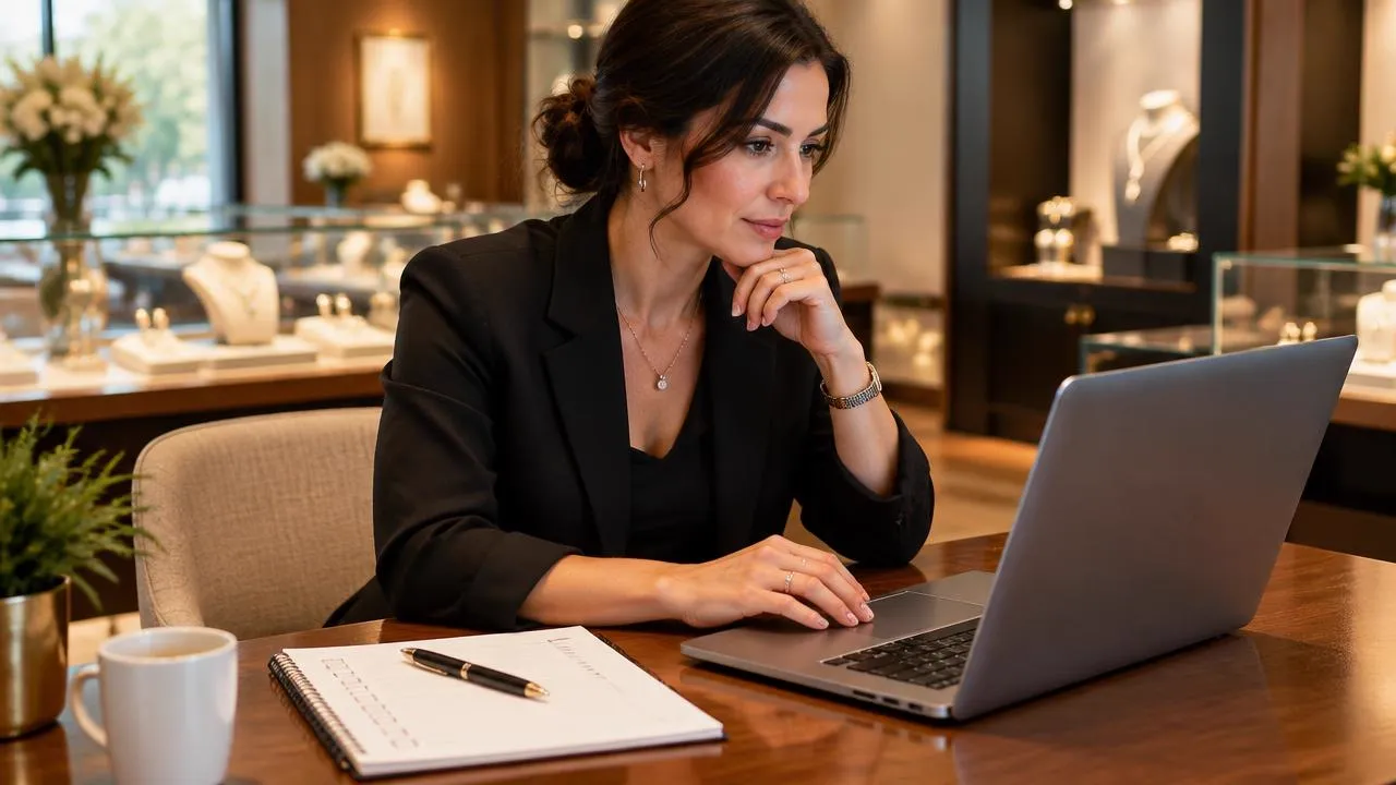 Jewelry sales associate using PIRO Retail jewelry software to serve customers in a jewelry store