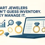 Digital jewelry inventory management displayed on a laptop with rings, diamonds, and analytics icons.