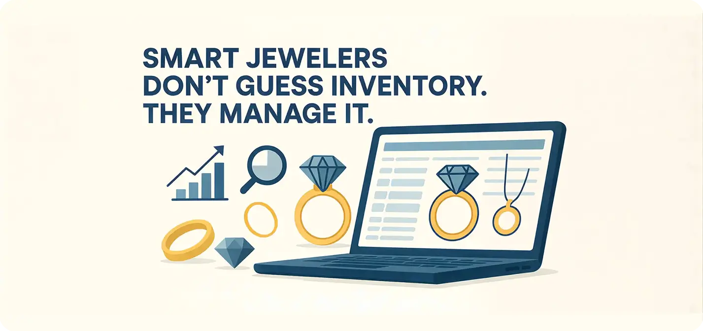 Digital jewelry inventory management displayed on a laptop with rings, diamonds, and analytics icons.