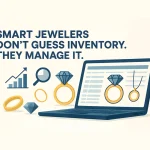Digital jewelry inventory management displayed on a laptop with rings, diamonds, and analytics icons.