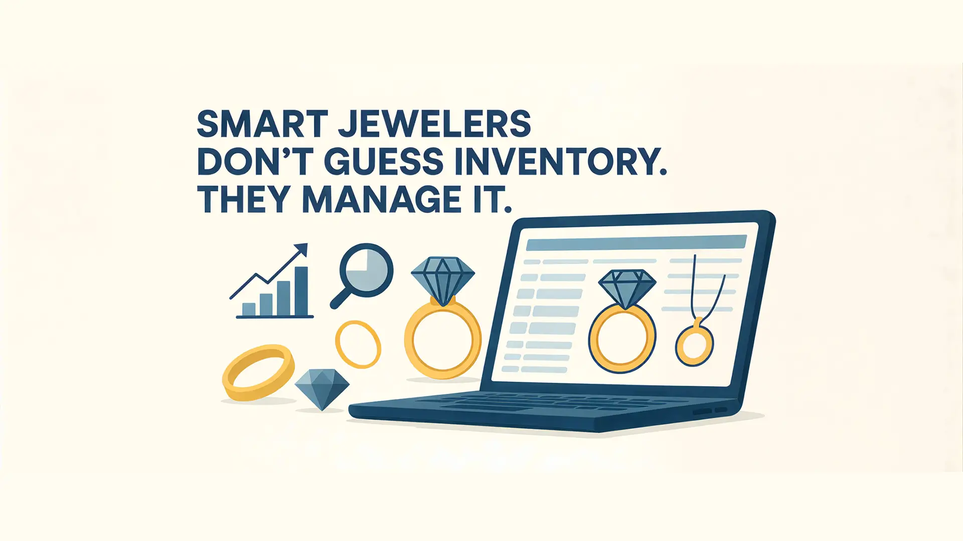 Digital jewelry inventory management displayed on a laptop with rings, diamonds, and analytics icons.