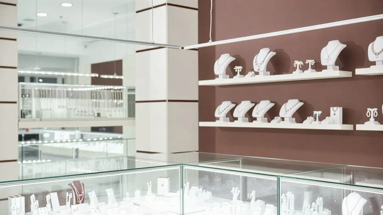 Jewelry store showroom with organized displays of necklaces and rings in glass display cases.