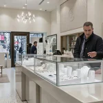 Modern jewelry store interior with customers and staff using a jewelry POS system to browse and manage fine jewelry sales.