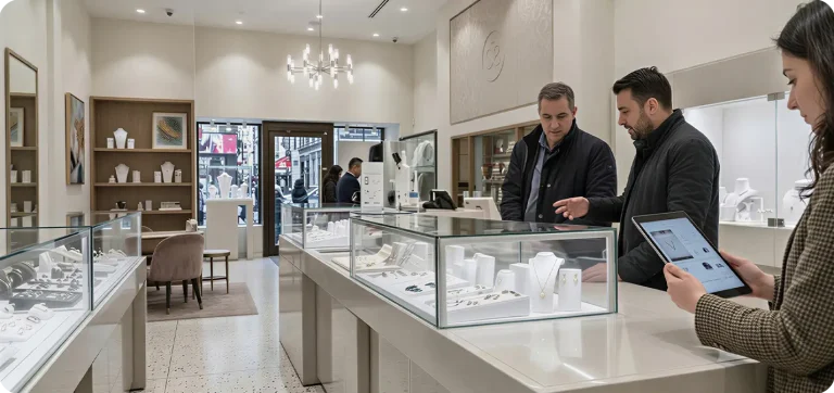 Modern jewelry store interior with customers and staff using a jewelry POS system to browse and manage fine jewelry sales.