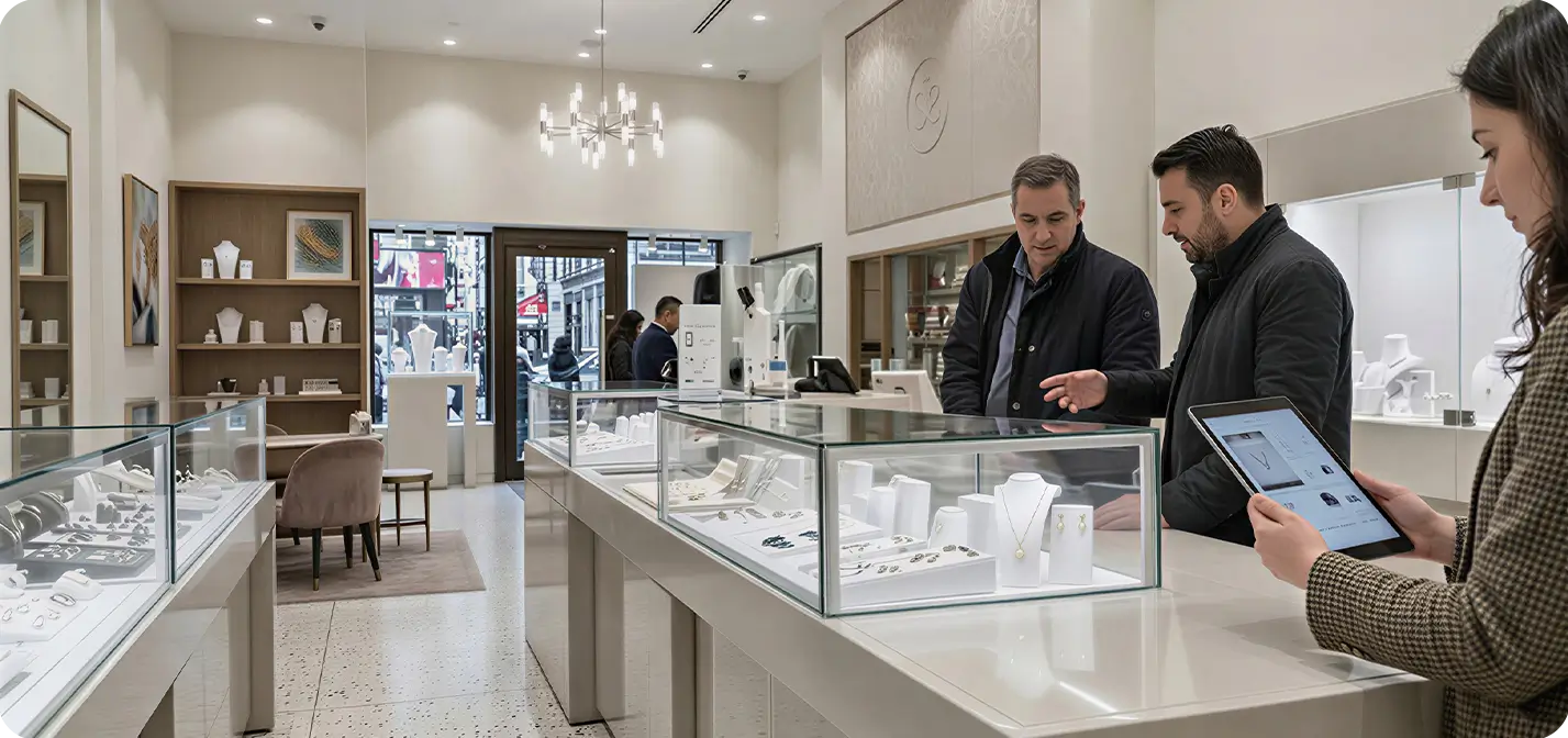 Modern jewelry store interior with customers and staff using a jewelry POS system to browse and manage fine jewelry sales.