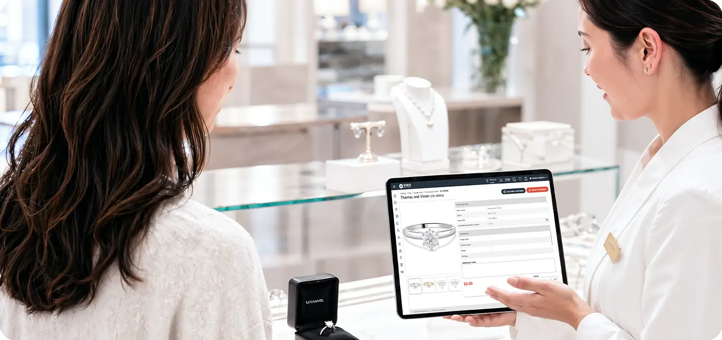 Modern jewelry POS system on tablet helping a jewelry store manage engagement rings, inventory, and customer sales