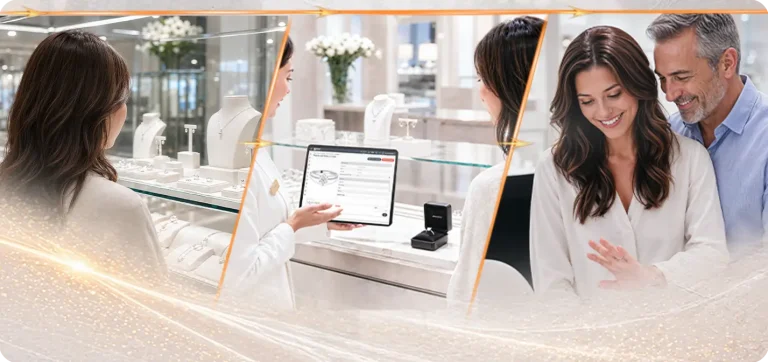 Jewelry sales associate using PIRO Retail jewelry software to serve customers in a jewelry store