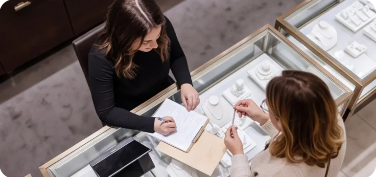 Jewelry store associate assisting a customer at the counter, representing jewelry point of sale software for retail sales and inventory management.