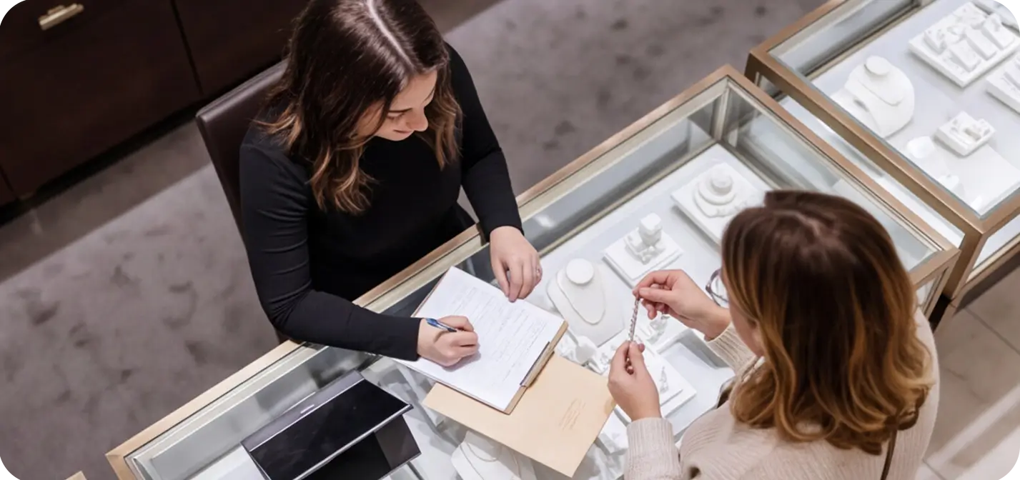 Jewelry store associate assisting a customer at the counter, representing jewelry point of sale software for retail sales and inventory management.
