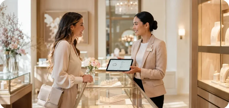 Jewelry sales associate showing a custom jewelry order on a tablet to a customer in a jewelry store