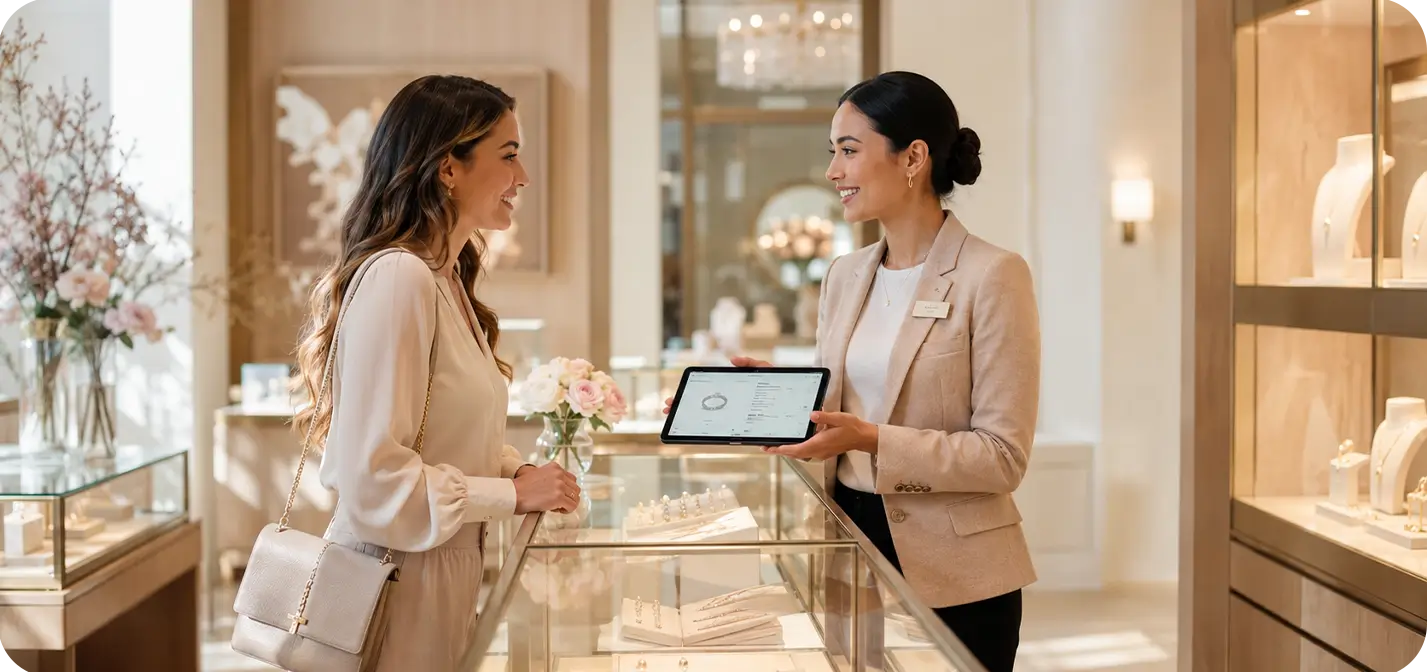 Jewelry sales associate showing a custom jewelry order on a tablet to a customer in a jewelry store